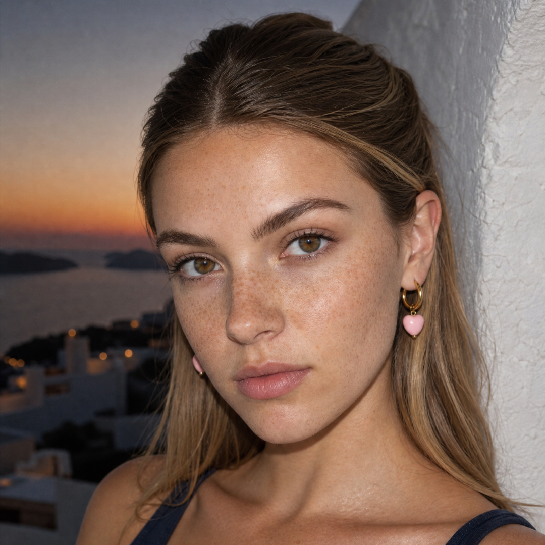 MODEL MET Gouden oorringetjes met roze hartje 