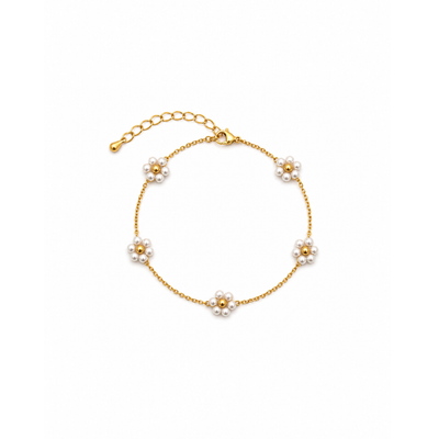 Gouden schakelarmband met bloemen van parels