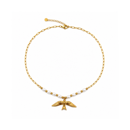 Gouden schakelketting met parels en feniks vogel bedel Casa Jadel