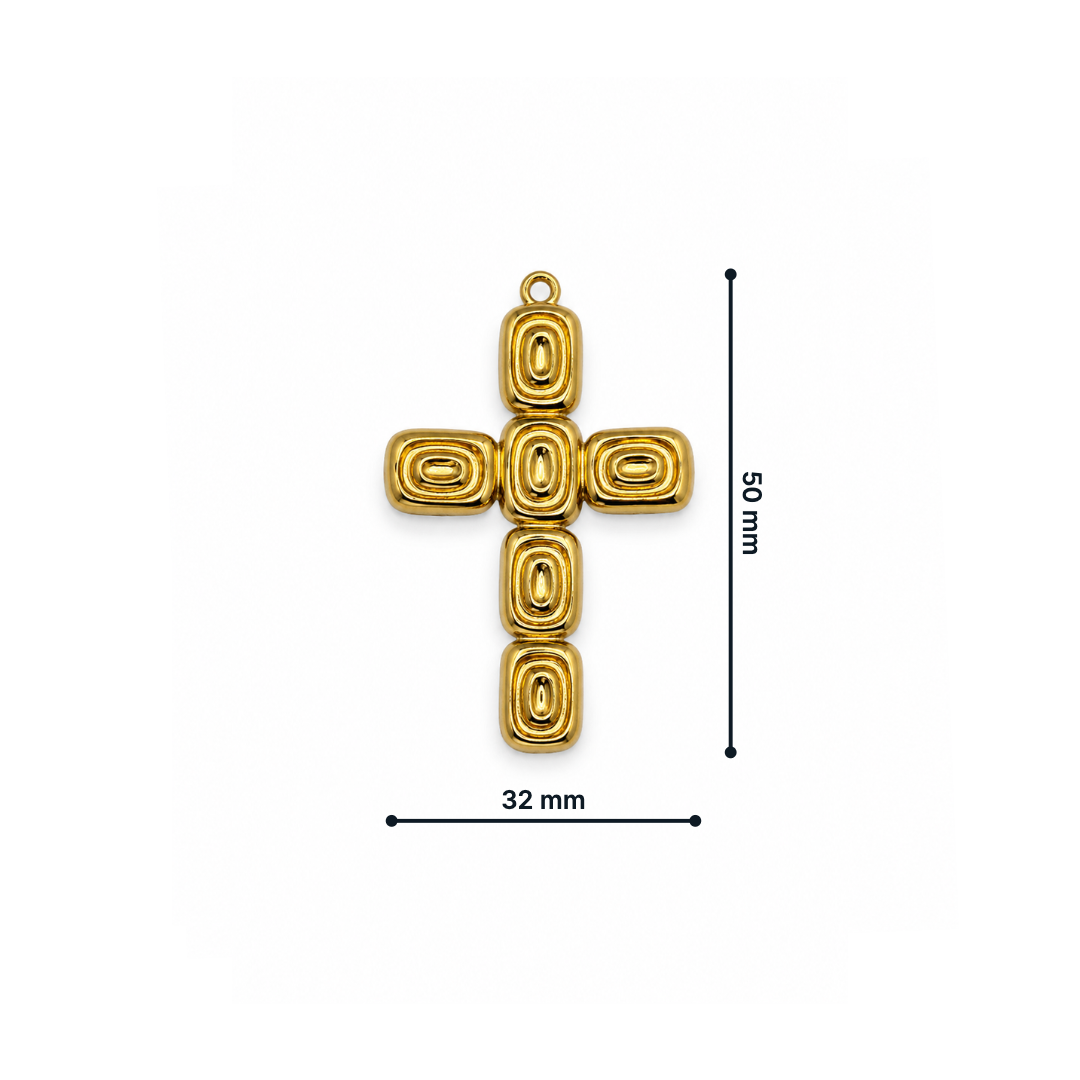 Afmetingen van goudkleurige statement kruis bedel met modern organisch design voor kettingen en armbanden van Casa Jadel.
