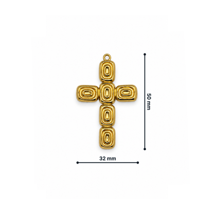 Afmetingen van goudkleurige statement kruis bedel met modern organisch design voor kettingen en armbanden van Casa Jadel.