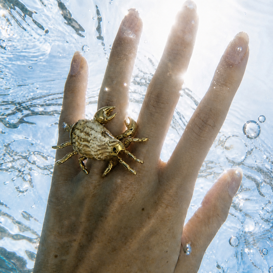 Hand van model draagt onderwater Gouden statement ring met krab en natuurlijke schelp uit de The Beach Club collectie.