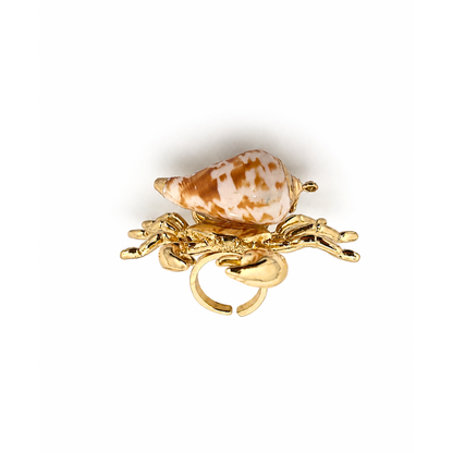 Gouden statement ring met krab en natuurlijke schelp uit de The Beach Club collectie. zijkant