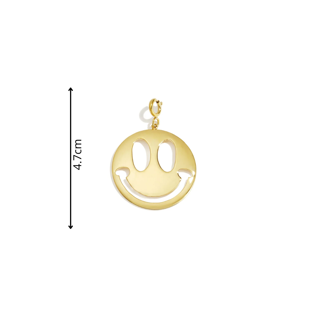 Grote gouden statement smiley hanger met clip voor ketting afmeting