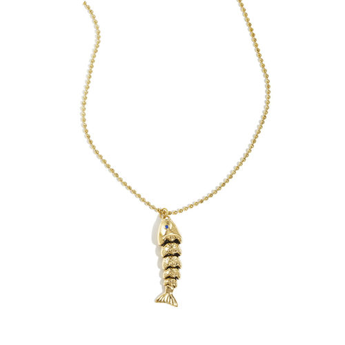Lange gouden bolletjes ketting met vis bedel