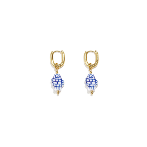 Gouden ovale oorringetjes wit blauwe vis