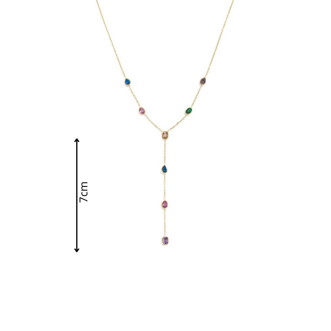 Gouden Y-ketting met kleine gekleurde facetsteentjes en lange hanger afmeting