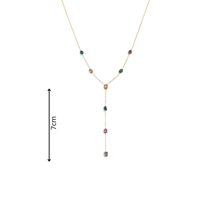 Gouden Y-ketting met kleine gekleurde facetsteentjes en lange hanger afmeting