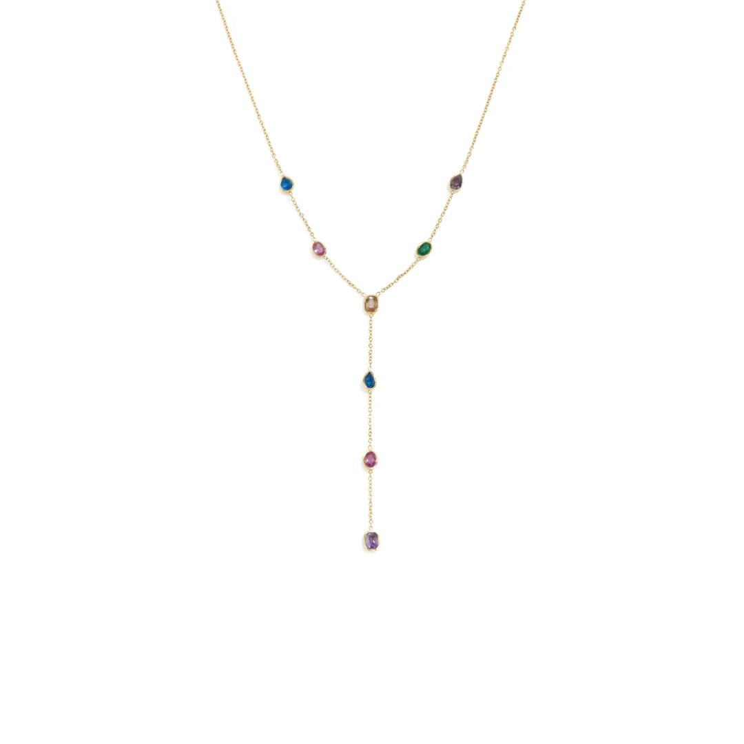 Gouden Y-ketting met kleine gekleurde facetsteentjes en lange hanger