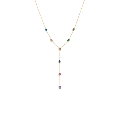Gouden Y-ketting met kleine gekleurde facetsteentjes en lange hanger