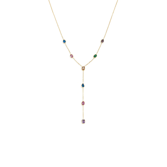Gouden Y-ketting met kleine gekleurde facetsteentjes en lange hanger
