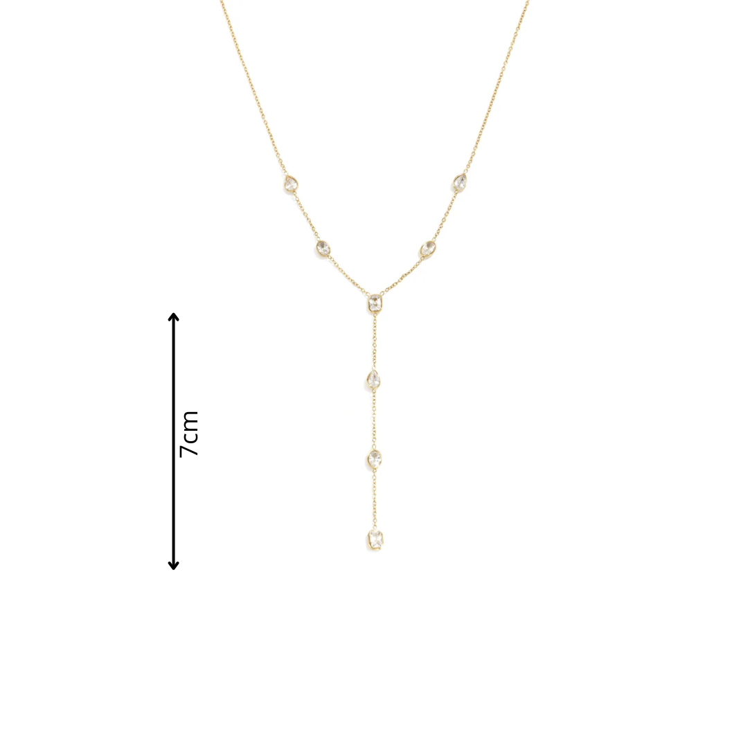 Gouden Y-ketting met transparante facetsteentjes en lange hanger afmeting