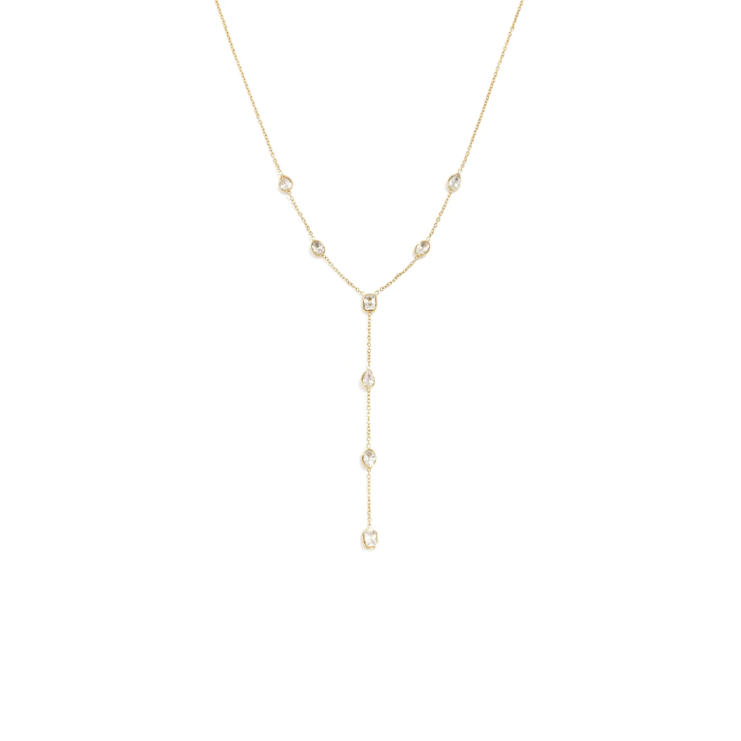 Gouden Y-ketting met transparante facetsteentjes en lange hanger