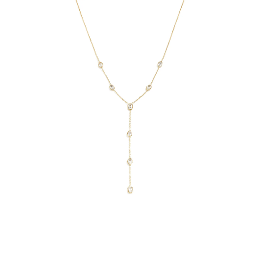 Gouden Y-ketting met transparante facetsteentjes en lange hanger