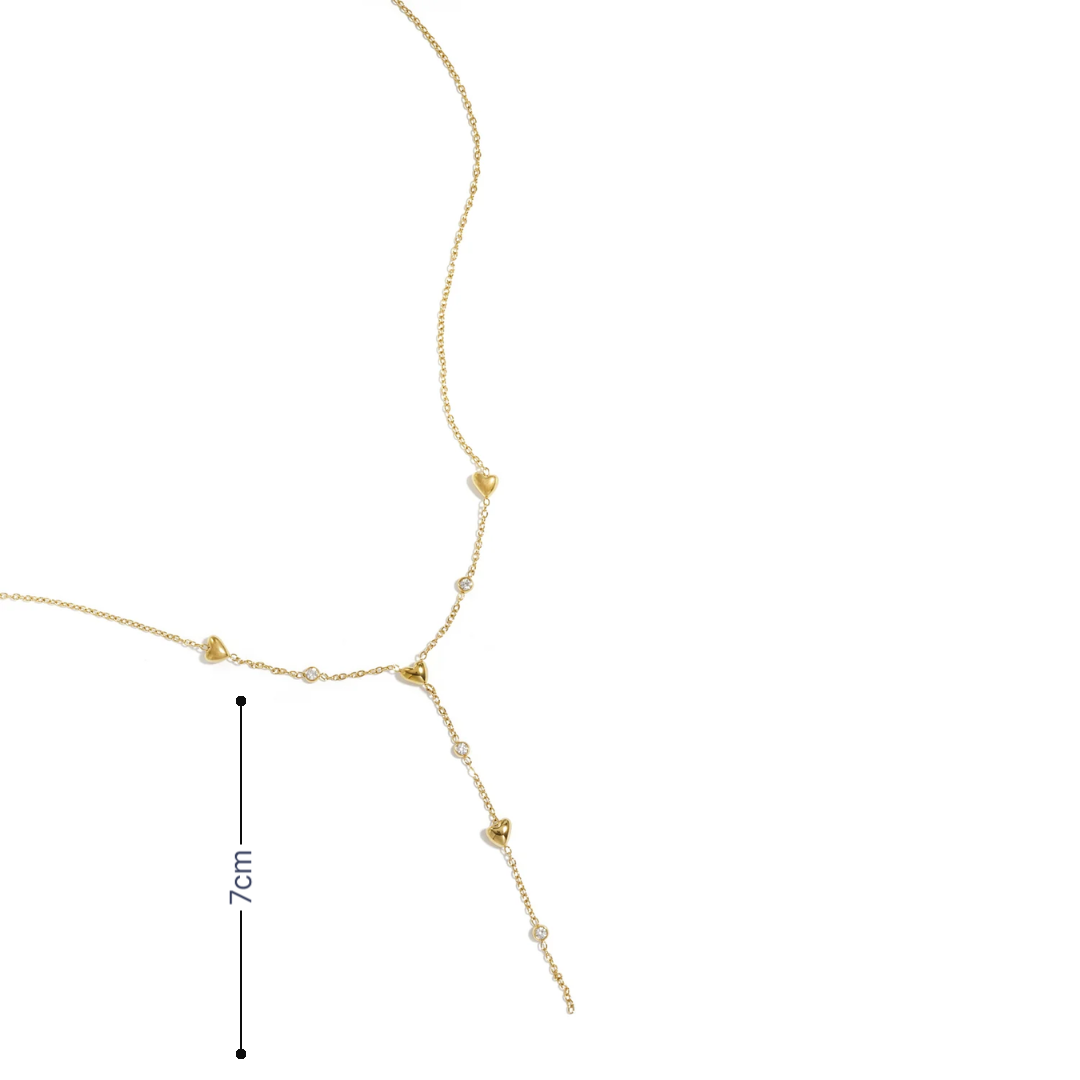 Gouden Y lijn ketting met hartjes en strass van Casa Jadel afmeting