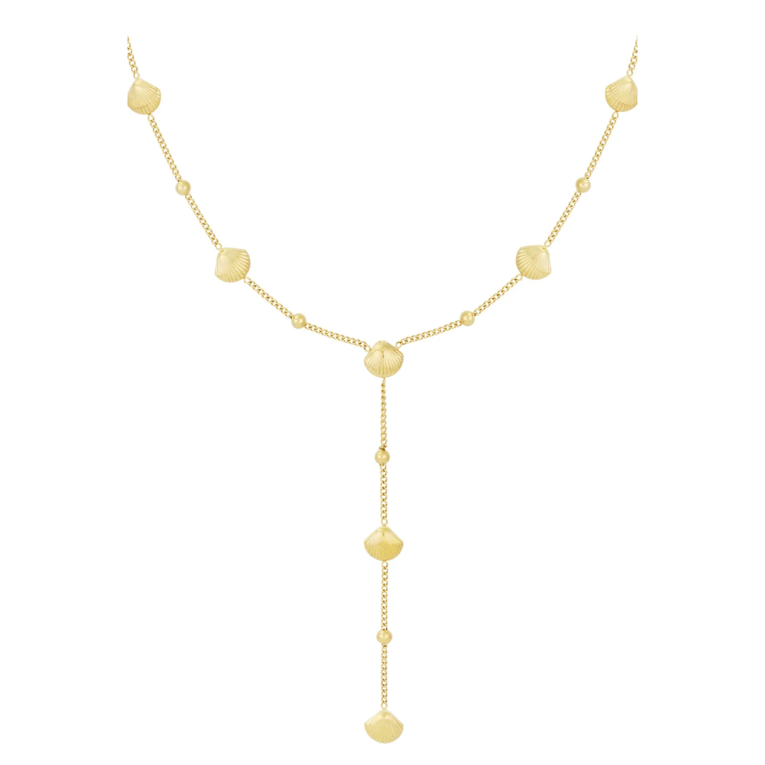 Gouden Y-lijn ketting met schelpbedels en fijne schakelketting van Casa Jadel.