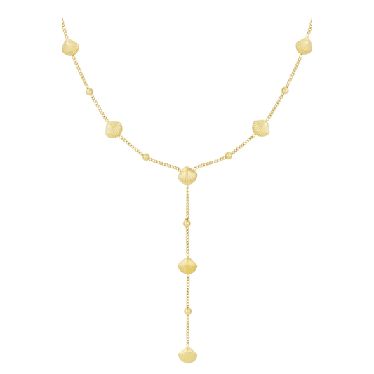 Gouden Y-lijn ketting met schelpbedels en fijne schakelketting van Casa Jadel.