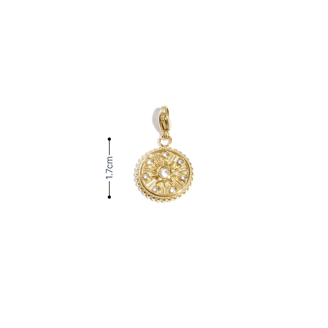 Gouden zon bedel met strass en een klipje voor ketting of armband met afmeting