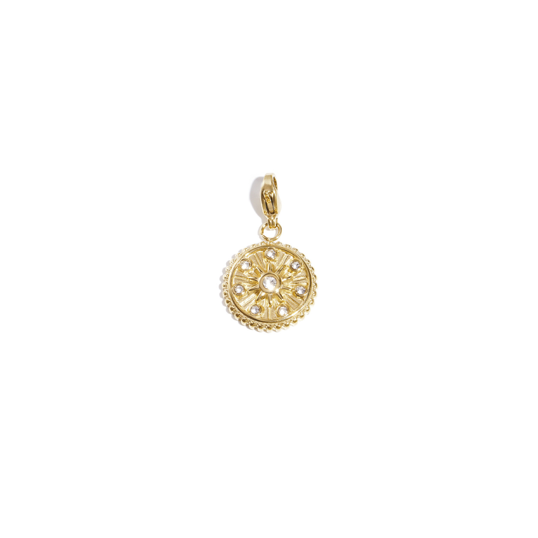 Gouden zon bedel met strass en een klipje voor ketting of armband.