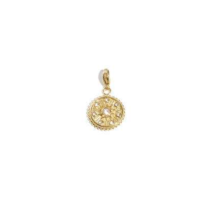 Gouden zon bedel met strass en een klipje voor ketting of armband.