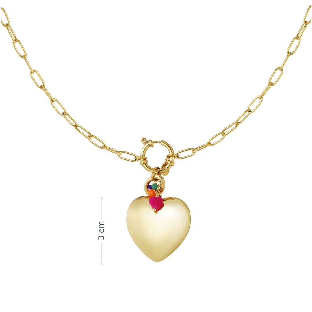 Gouden ketting met cubby hartje, boeislotje  roze oranje groen kraaltjes met afmeting Casa Jadel