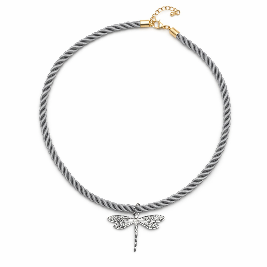Grijze rope ketting met zilverkleurige libelle bedel en goudkleurige sluiting.