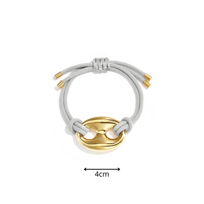Grijze satijnkoord armband met gouden bean sluiting van stainless steel afmeting.