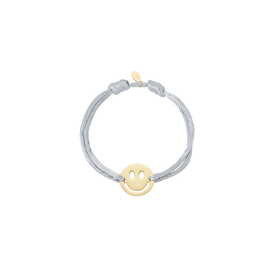 Grijze satijnkoord armband met gouden smiley bedel
