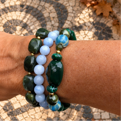 Groen lichtblauw chunky armbanden set