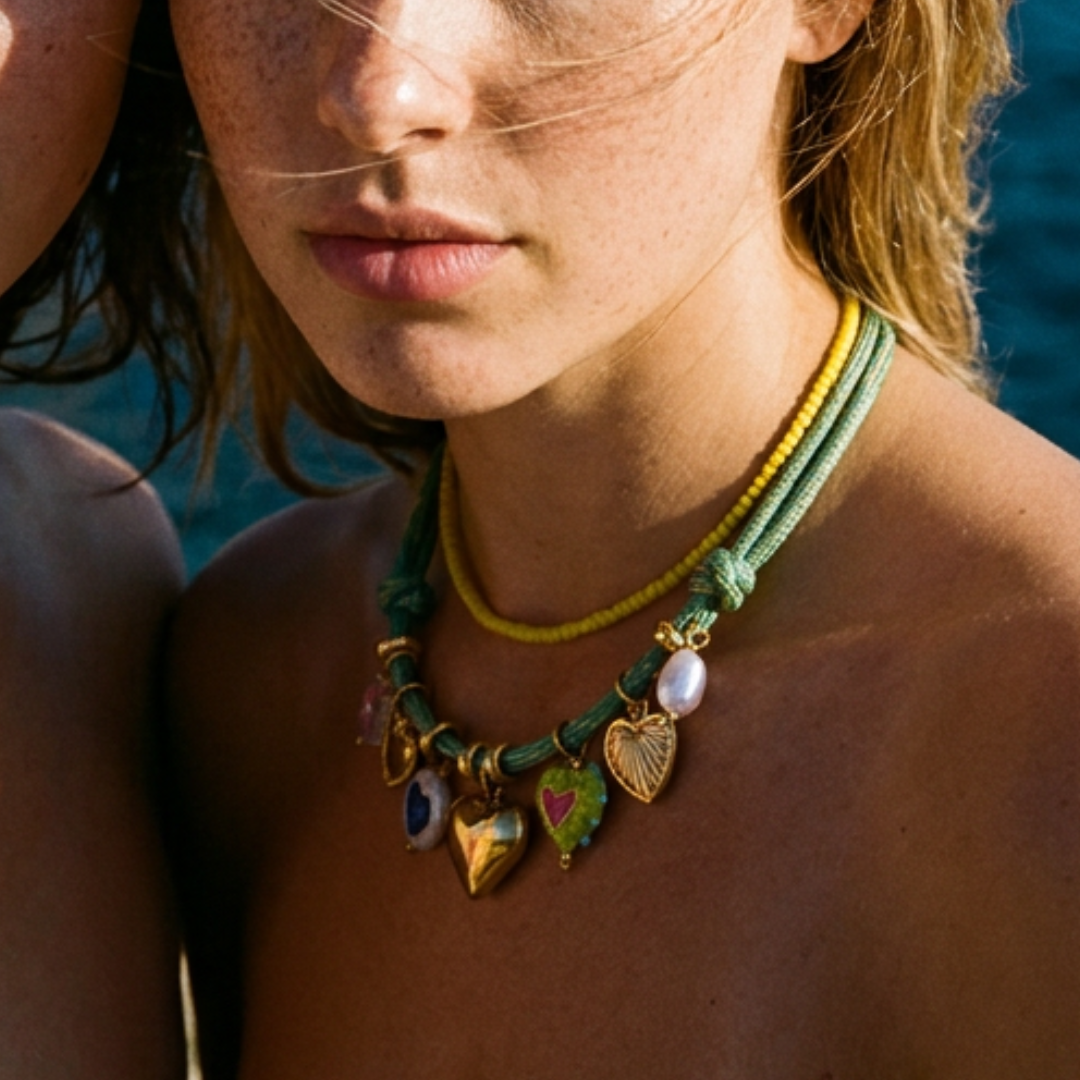 Model draagt groene koordketting met kleurrijke gouden bedels van Casa Jadel