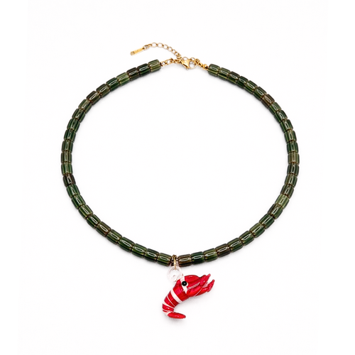 Groen gestreepte kralenketting met glazen garnaal