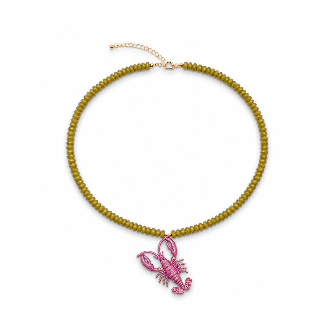 Groene lange kralenketting met roze metallic kreeftbedel van Casa Jadel