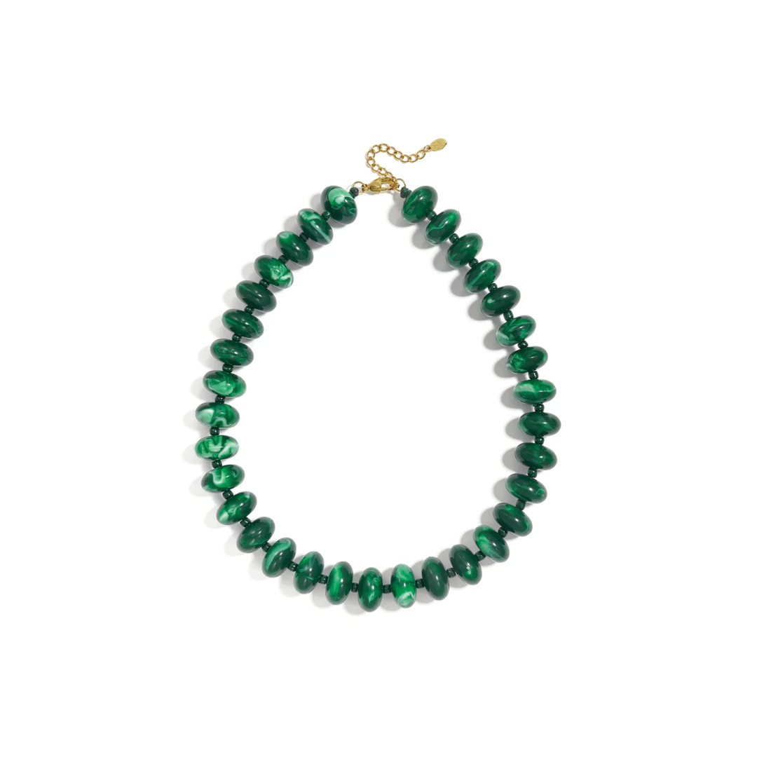 Groene marble donut kralenketting Limo met platte transparante kralen en gouden sluiting