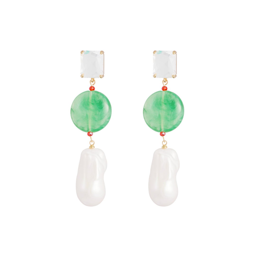 Groene statement oorhangers met marmerlook schijf en barok pareldruppel