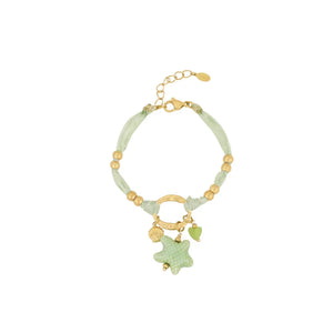 Setje groene stof armband en ketting goud bloem zon en kraaltje - Casa Jadel