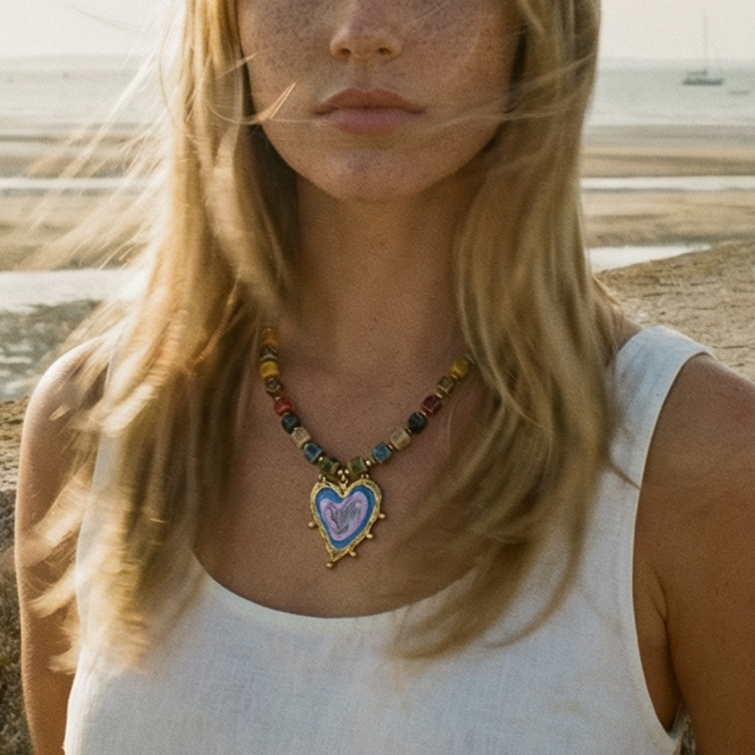 Keramiek kralenketting met multicolor kralen en grote hartvormige hanger, gedragen in een natuurlijke strandsetting – kleurrijke statement ketting met Ibiza vibe