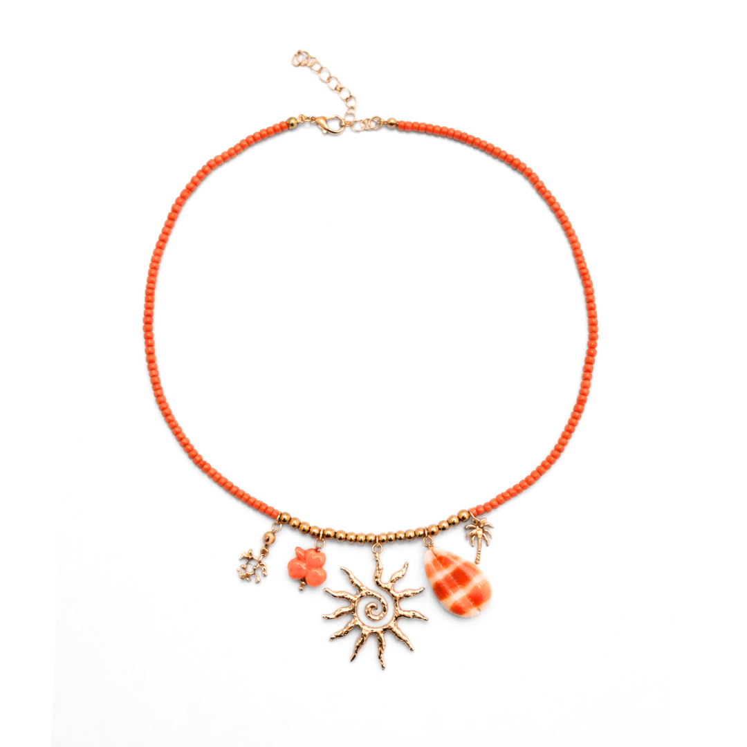 Kleine oranje kralenketting met zon en strand bedels fijne zomerse dames ketting Casa Jadel