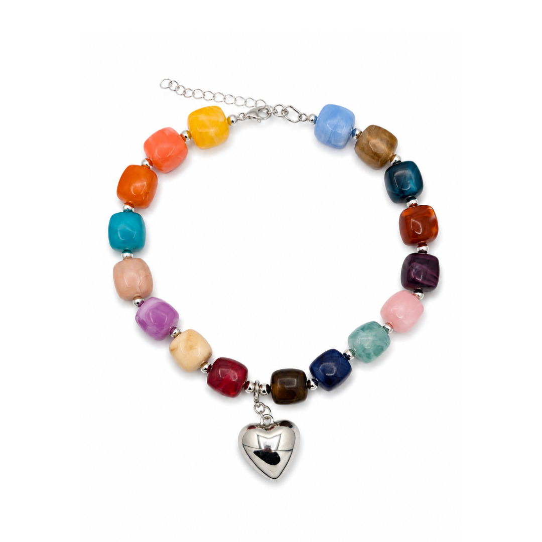 Kleurrijke chunky squared kralenketting met zilveren hartbedel van Casa Jadel