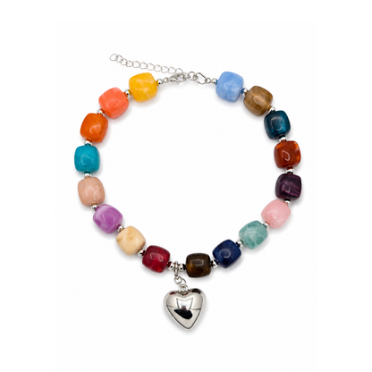 Kleurrijke chunky squared kralenketting met zilveren hartbedel van Casa Jadel
