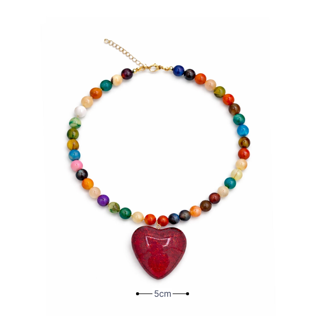 Afmeting kleurrijke kralenketting dames met rood hart hanger Ibiza stijl