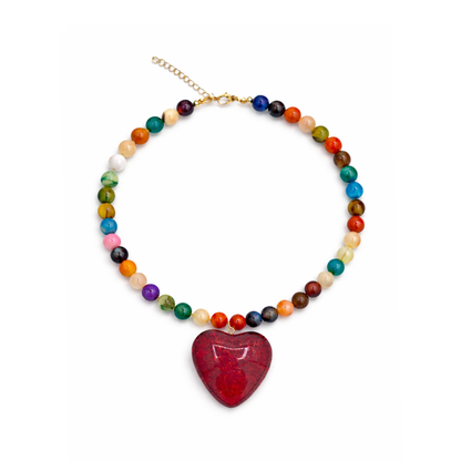 Kleurrijke kralenketting dames met rood hart hanger Ibiza stijl