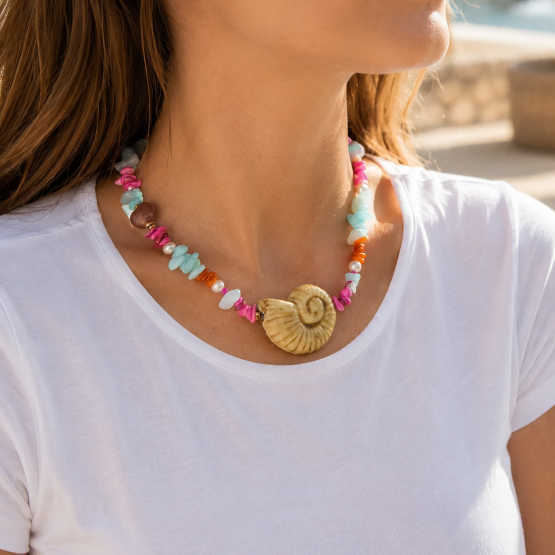 model met Kleurrijke natuursteen ketting met grote natuurlijke ammoniet hanger, lichtblauwe natuursteenchips, parels en roze-oranje accenten van Casa Jadel.