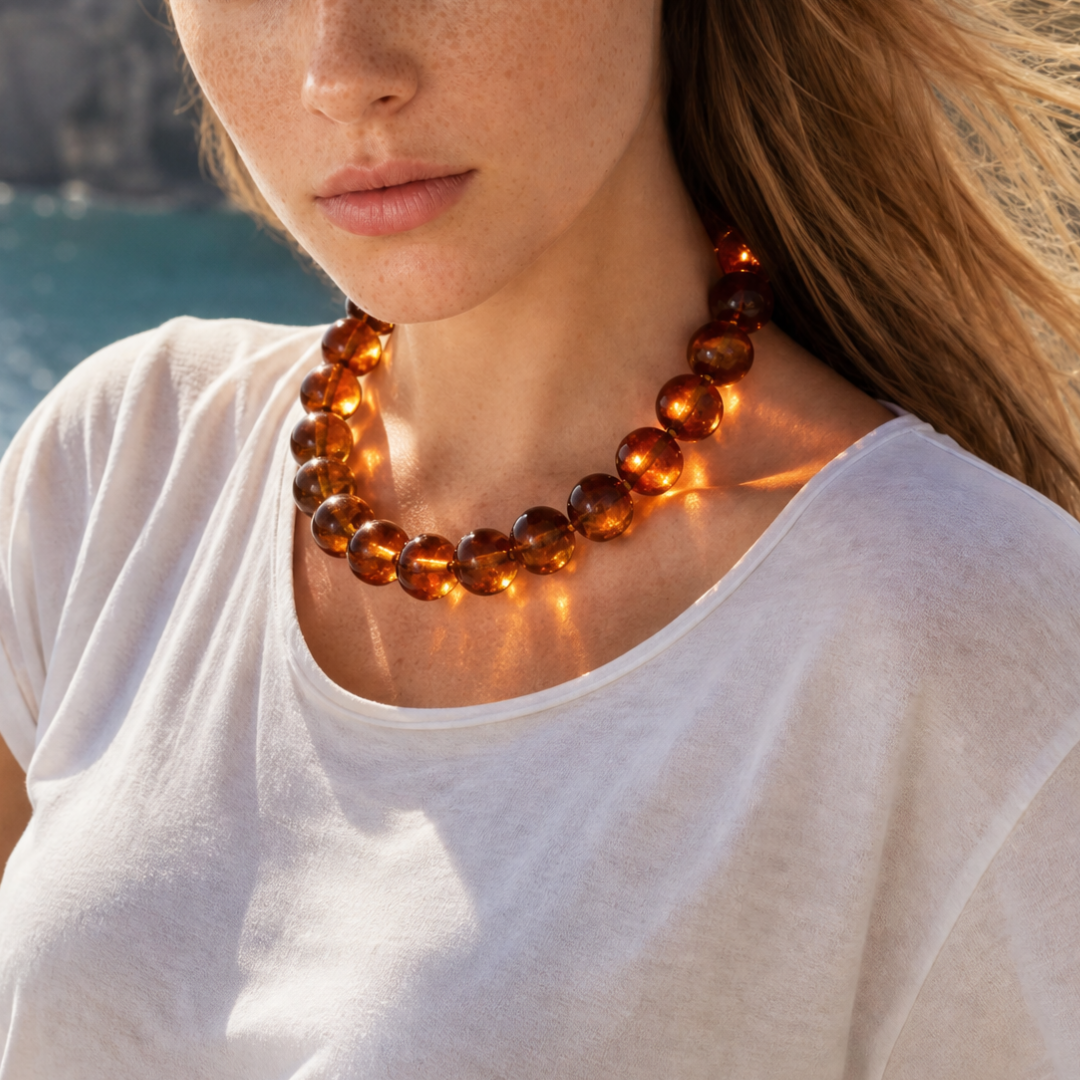 Model draagt de Lies grote kralenketting in Amber. Ibiza Style Casa Jadel. 