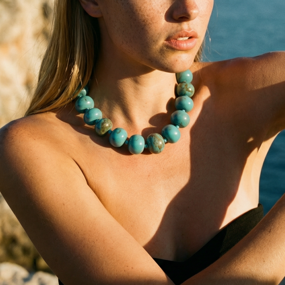Grote kralenketting Lies gedragen door model, zonnig strand. 