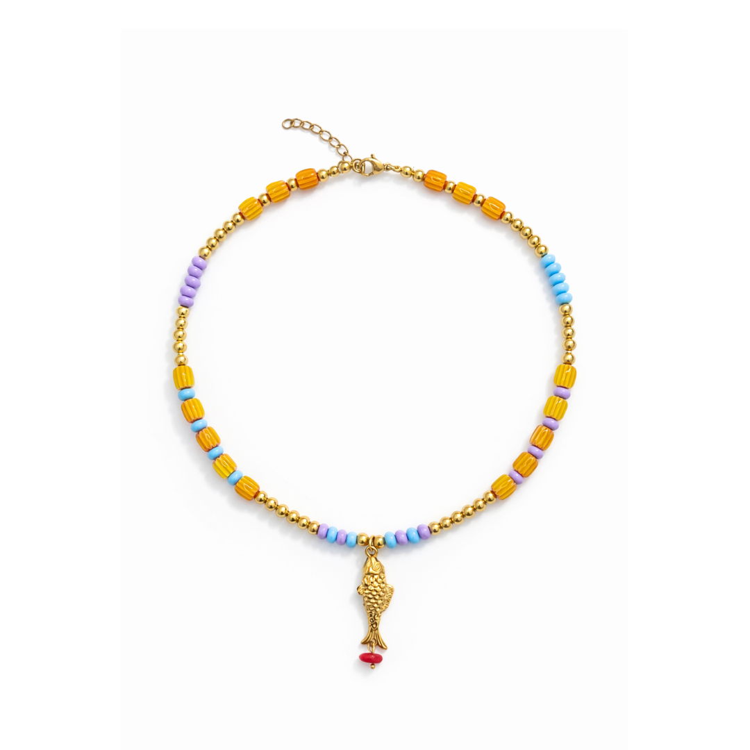 Kralenketting met vis bedel geel lial goud dames Ibiza stijl goudkleurige ketting