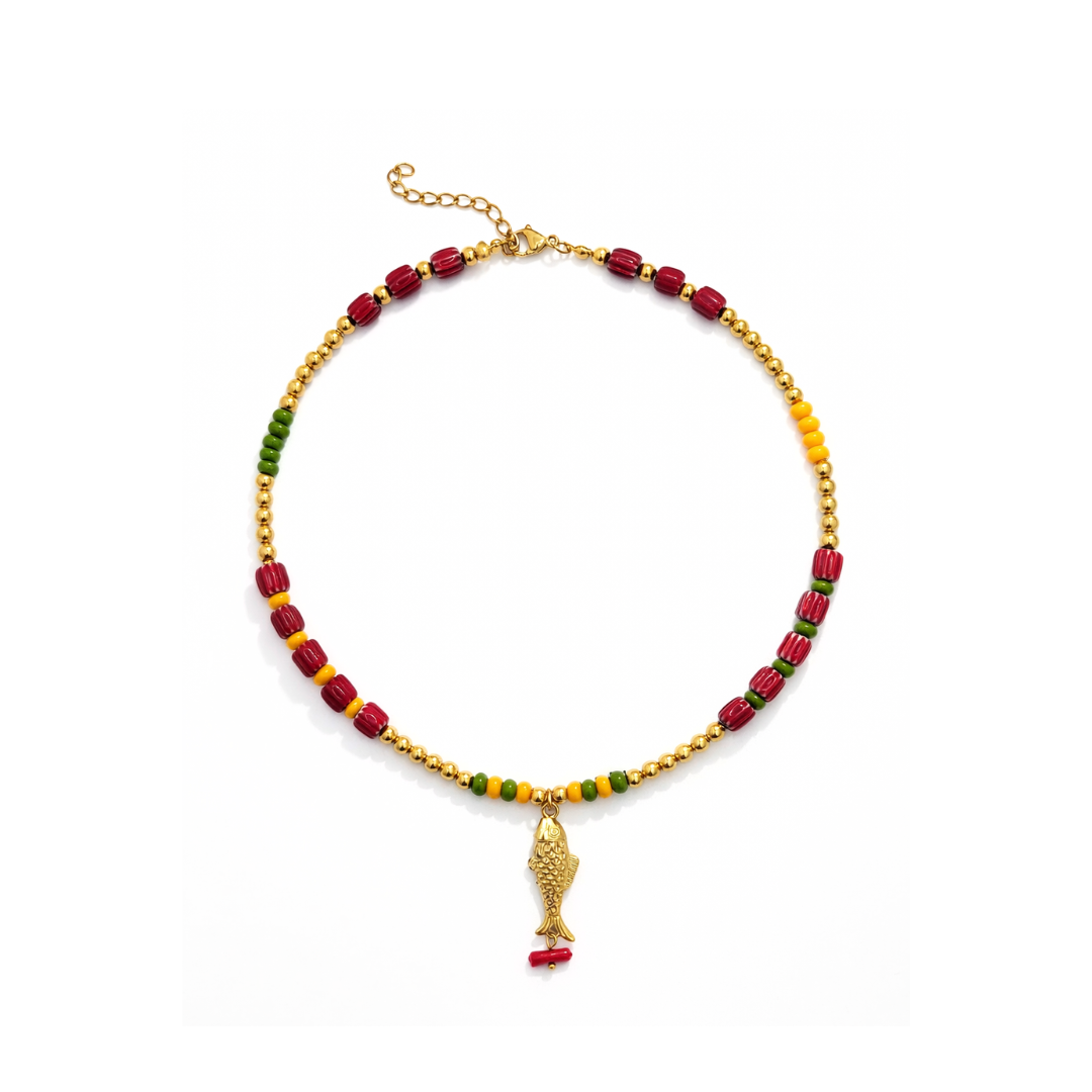 Kralenketting met vis bedel rood goud groen dames Ibiza stijl goudkleurige ketting
