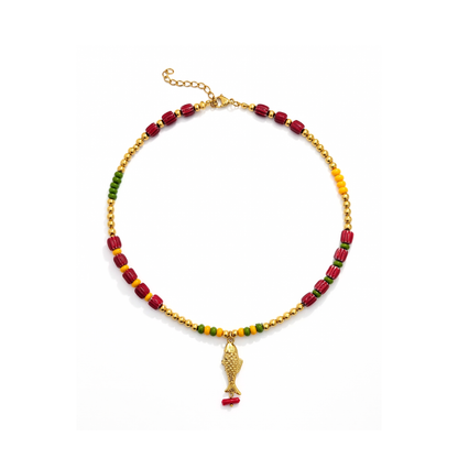 Kralenketting met vis bedel rood goud groen dames Ibiza stijl goudkleurige ketting