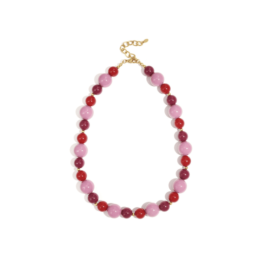 oze en rood gemixte kralenketting met glanzende kralen en goudkleurige sluiting.