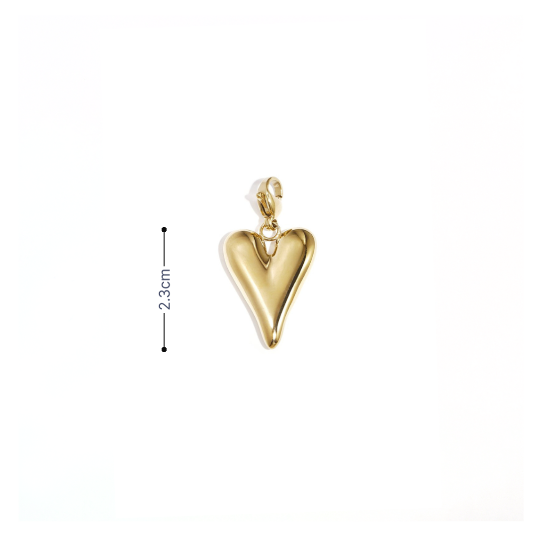 Lange gouden hart bedel met glanzende afwerking met afmeting.