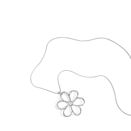 Lange zilveren ketting met grote bloem